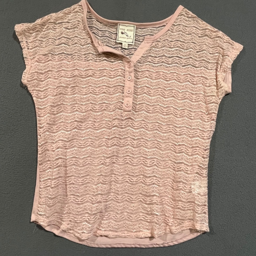 Pink Rose Women XL Blush Pink Lace Henley Top‎ Sheer Cap Sleeve PF211518